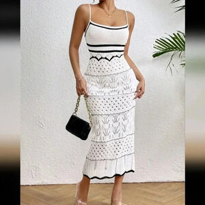 Fashionable Black And WhiteContrast Color Hollow OutSpaghetti Strap Dress